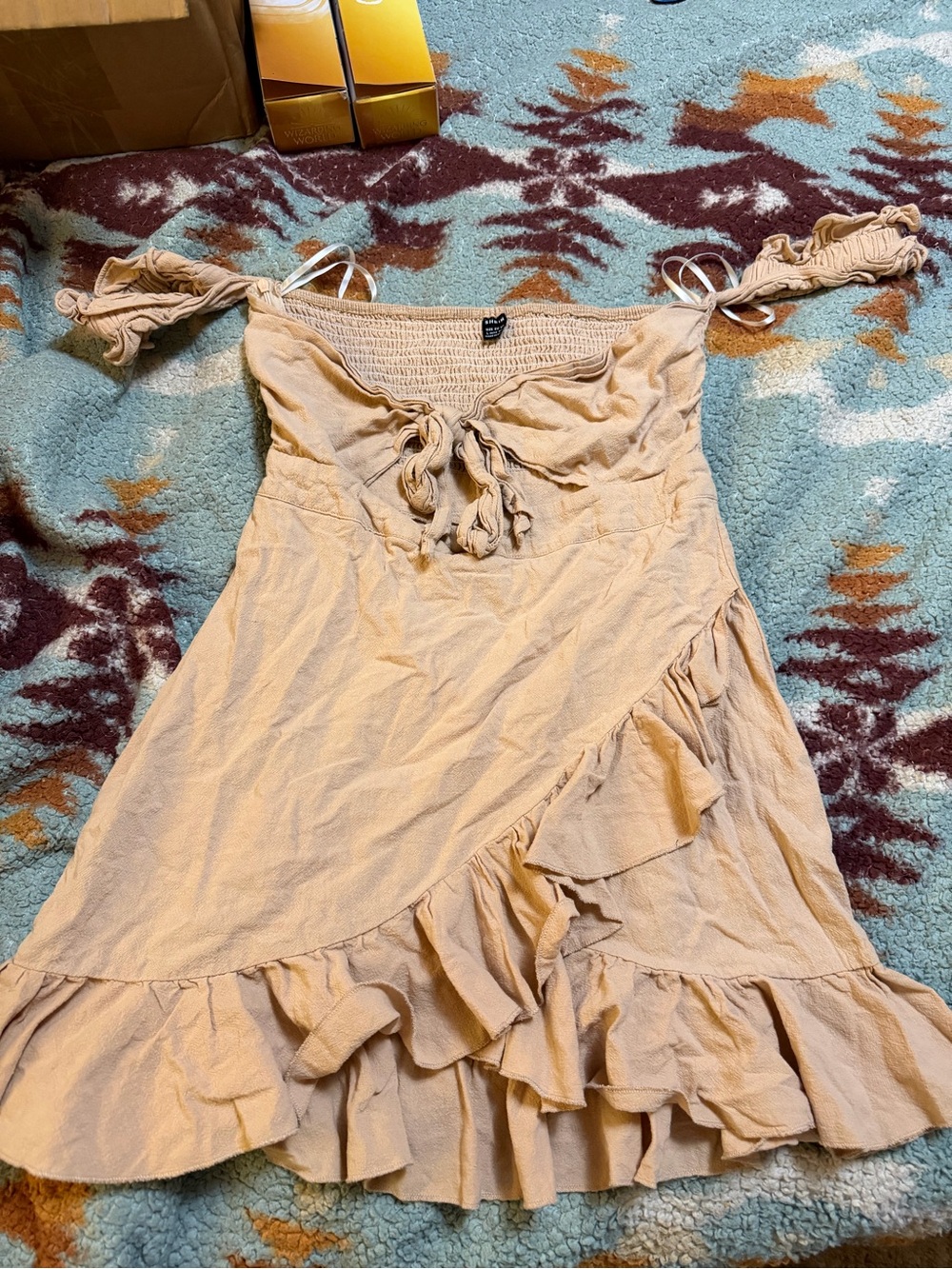 SHEIN Beige Smocked Ruffle Mini Dress